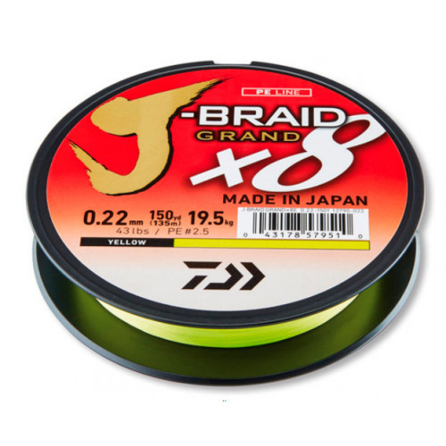 Леска плетеная Daiwa J-Braid Grand X8 135м 0,22мм (19,5кг) желтая